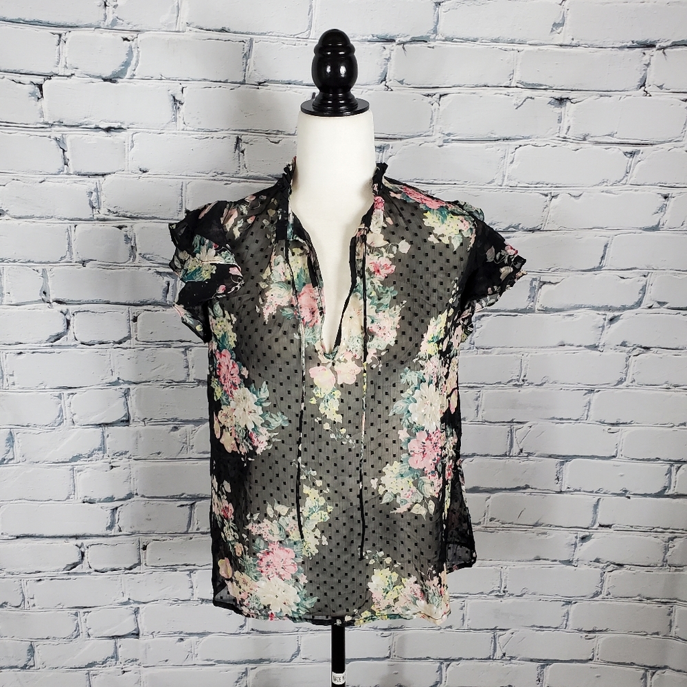 Walter Baker Sheer Floral Short Sleeve Blouse